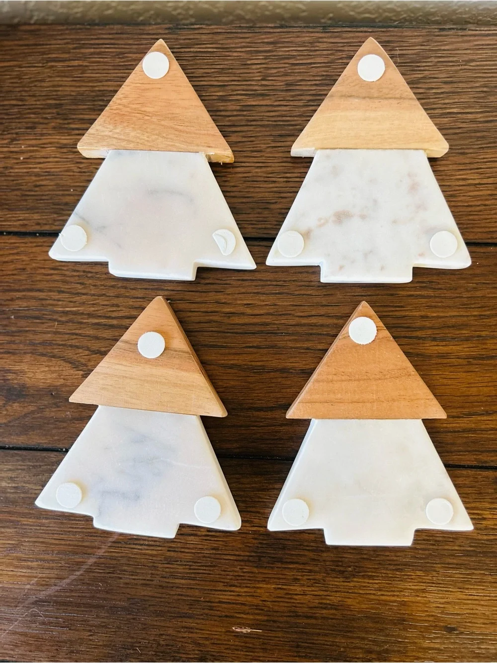 Marble & Wood Tree Coasters - White and Brown Holiday Set
